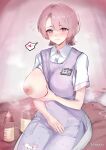  1girl absurdres apron arimura_mao asymmetrical_bangs baby_bottle blush bottle bra breast_milk_in_container breasts collared_shirt commentary_request flying_sweatdrops gakuen_idolmaster heart heiyan_heiyan highres idolmaster large_breasts looking_at_viewer name_tag nipples one_breast_out pink_hair purple_apron purple_eyes shirt short_hair short_sleeves sitting solo spoken_heart steam underwear unworn_bra white_bra white_shirt 