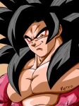  1boy absurdres black_hair body_fur commentary_request dougi dragon_ball dragon_ball_gt highres long_hair looking_at_viewer male_focus monkey_boy muscular muscular_male no_nipples pectorals red_fur saiyan smile solo son_goku spiked_hair super_saiyan super_saiyan_4 yamuchasiyagatte 