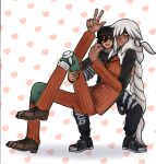  2boys alexis_(dotted_clouds) az_(pokemon) beanie black_hat black_nails black_pants black_shirt black_shoes blush bow bowtie braid braided_ponytail brown_hair carrying commentary dotted_clouds english_commentary full_body green_bow green_bowtie hair_over_one_eye hand_on_another's_shoulder hat heart heart_background highres knee_brace layered_shirt looking_at_viewer lower_eyelashes_only male_focus mole mole_on_forehead mole_under_eye multiple_boys old open_mouth orange_vest pants patchwork_clothes patterned_background pinstripe_pattern pinstripe_vest pokemon pokemon_legends:_z-a princess_carry shirt shoes smile striped_sleeves struggling tall_male teeth trembling upper_teeth_only vest w yaoi 