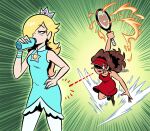  2girls blonde_hair blue_dress brandon_santiago brooch brown_hair commentary crown dress drinking earrings eyelashes hair_over_one_eye highres holding holding_tennis_racket jewelry mario_(series) mario_tennis mario_tennis_fever multiple_girls official_alternate_costume pauline_(mario) pauline_(modern_tennis)_(mario) racket red_dress red_nails rosalina rosalina_(sports) sleeveless sleeveless_dress star_(symbol) star_brooch star_earrings symbol-only_commentary tennis_racket visor_cap wavy_hair 