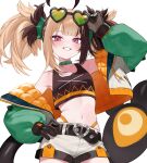  1girl absurdres adjusting_eyewear ahoge arm_up belt black_belt black_tank_top brown_hair center-flap_bangs collar commentary crop_top double-parted_bangs english_commentary eyewear_on_head gigi_murin gigi_murin_(chatacabra) green-tinted_eyewear green_collar green_sleeves grin hand_on_own_hip heart heart-shaped_eyewear highleg highleg_panties highres hololive hololive_english hoshi_usagi jacket multicolored_hair navel official_alternate_costume orange_jacket panties panty_straps pink_eyes quilted_jacket sharp_teeth short_shorts shorts simple_background smile solo spiked_collar spikes stomach tail tank_top teeth tinted_eyewear twintails two-sided_fabric two-sided_jacket two-tone_hair underwear virtual_youtuber white_background white_jacket white_shorts 