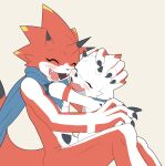 anthro bandai_namco betelgammamon blush brother_(lore) brothers_(lore) claws digimon digimon_(species) duo evolutionary_family gammamon hi_res hug kerchief male neckerchief neckwear red_body scarf sibling_(lore) size_difference smile tmdduq6918 white_body yellow_eyes
