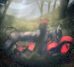 2019 69_position anthro anthro_on_anthro anthro_penetrated anthro_penetrating anthro_penetrating_anthro balls black_body black_nipples breasts canid canine canis claws cunnilingus deep_throat duo erection fellatio female female_penetrated forest forest_background fur genitals grass hi_res knot knotted_penis lying male male/female male_penetrating male_penetrating_female mammal multicolored_body multicolored_fur nature nature_background nipples nude on_back oral oral_only oral_penetration penetration penile penis penis_in_mouth plant red_body red_fur sex sucking tail thin_tail tongue tongue_out tree two_tone_body two_tone_fur vaginal wolf xtrasis