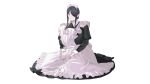  absurdres apron black_hair blush breasts collared_dress commentary curvy_black-haired_girl_(tnr) dress english_commentary frilled_apron frilled_dress frills hair_bun hair_over_one_eye hands_on_own_legs highres huge_breasts long_hair long_sleeves looking_at_viewer maid maid_apron maid_headdress original ponytail red_eyes simple_background sitting smile tnr_(horiko1525) white_background white_headdress 