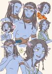  1boy 2girls black_hair blue_skin braid child colored_skin commentary_request dreadlocks headpiece highres james_cameron's_avatar kiri_(avatar) long_hair monster_boy monster_girl multiple_braids multiple_girls natsuko_sub02 neteyam simple_background tuktirey yellow_background yellow_eyes 