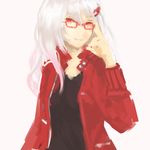  bespectacled chibibro glasses guilty_crown hair_ornament hairclip jacket long_hair open_clothes open_jacket red-framed_eyewear red_eyes red_jacket solo white_hair yuzuriha_inori 