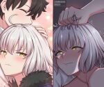  1boy 1girl ahoge black_hair blush centauri-d close-up closed_eyes closed_mouth commissioner_name english_commentary fate/grand_order fate_(series) fujimaru_ritsuka_(male) fur_trim grabbing_another's_hair grey_hair hand_on_another's_head highres holding_another's_hair implied_sex jeanne_d'arc_alter_(fate) jeanne_d'arc_alter_(ver._shinjuku_1999)_(fate) short_hair trembling twitter_username yellow_eyes 