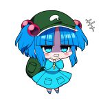  1girl :3 absurdres backpack bag blue_boots blue_eyes blue_hair blue_shirt blue_skirt blue_socks blunt_bangs blush_stickers boots chibi commentary_request full_body green_hat grin hair_bobbles hair_ornament hands_up hat highres kawashiro_nitori long_sleeves looking_ahead no_nose parted_bangs pocket puffy_long_sleeves puffy_sleeves shaded_face shirt skirt smile socks solo sparkle touhou transparent_background two_side_up v-shaped_eyebrows you_(noanoamoemoe) 