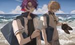  2boys bag beach blonde_hair collared_shirt colored_inner_hair day food fura_kanato hair_intakes highres holding holding_shoes holding_unworn_clothes male_focus matsuhago multicolored_hair multiple_boys necktie nijisanji outdoors pink_hair popsicle purple_hair school_bag school_uniform shirt shoes short_hair sky two-tone_hair unbuttoned unbuttoned_shirt undershirt unworn_shoes vest virtual_youtuber watarai_hibari white_shirt wind 