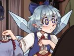  +_+ 1girl :o blue_bow blue_eyes bow cirno clothes_hanger commentary drawingcrows dress english_commentary grey_hair hair_bow holding holding_clothes_hanger ice ice_wings indoors looking_at_mirror mirror pointy_ears short_hair short_sleeves touhou upper_body wings 