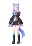  1girl absurdres animal_ears aqua_bow aqua_bowtie aqua_ribbon aqua_socks black_boots black_jacket black_skirt blush boots bow bowtie closed_mouth coat ear_bow ear_ribbon frilled_coat frilled_jacket frills full_body highres horse_ears horse_girl horse_tail jacket konsu_(konsu1182da) long_hair long_sleeves looking_at_viewer mejiro_mcqueen_(frontline_elegance)_(umamusume) mejiro_mcqueen_(umamusume) pleated_skirt purple_eyes purple_hair ribbon shirt simple_background skirt smile socks solo striped_clothes striped_shirt tail umamusume white_background 