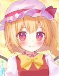  1girl blonde_hair blush bow bowtie closed_mouth collared_shirt commentary_request crystal_wings flandre_scarlet hat hat_ribbon long_hair looking_at_viewer mob_cap nene_man portrait red_eyes red_ribbon ribbon shirt side_ponytail smile solo touhou white_hat white_shirt wings yellow_background yellow_bow yellow_bowtie 