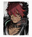  1boy black_choker black_hair black_jacket choker jacket jewelry komano_manato leaf_in_mouth male_focus multicolored_hair muscular muscular_male necklace pectorals red_eyes red_hair scar scar_on_chest scar_on_face shirt vxiv4v watermark white_shirt zenless_zone_zero 