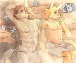  absurd_res anthro asian_clothing body_hair canid canine canis clothing duo east_asian_clothing freed51 fundoshi hi_res japanese_clothing male male/male mammal muscular musk musk_cloud sauna size_difference underwear wolf 