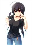  ahoge black_hair blush breasts chuunibyou_demo_koi_ga_shitai! collar collarbone denim holding jeans koneko_(nonnkimono) ladle large_breasts long_hair pants red_eyes shirt simple_background solo takanashi_touka white_background 