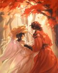  2boys ^_^ acidiccandles arms_up autumn bandaged_arm bandages black_hair braid braided_ponytail chinese_clothes closed_eyes commentary dappled_sunlight day english_commentary falling_leaves forest from_behind hair_bun hair_over_shoulder hanfu hat highres holding holding_unworn_clothes holding_unworn_hat hua_cheng leaf long_hair long_sleeves looking_at_another male_focus multiple_boys nature open_mouth outdoors red_hanfu rice_hat san_lang single_hair_bun smile standing sunlight tianguan_cifu tree unworn_hat unworn_headwear white_hanfu wide_sleeves xie_lian 