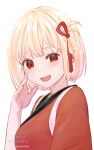  1girl :d blonde_hair bob_cut bow breasts chiraura dot_nose hair_ribbon hand_up highres japanese_clothes kimono light_blush looking_at_viewer lycoris_recoil nishikigi_chisato one_side_up open_mouth red_bow red_eyes red_kimono red_ribbon ribbon short_hair simple_background smile solo upper_body watermark white_background 