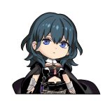 1girl absurdres blue_eyes blue_hair breasts chibi chibi_only cloak collar dagger expressionless female_byleth_(fire_emblem) fire_emblem fire_emblem:_three_houses green_hair highres knife medium_breasts nekomoni pantyhose solo sticker weapon white_collar wolf_cut 