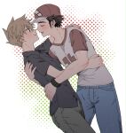  2boys arm_around_shoulder arms_around_back baseball_cap ben-day_dots black_hair black_shirt blue_oak blue_pants brown_eyes brown_hair buttons closed_mouth collared_shirt commentary_request crew_neck denim dutch_angle grey_pants hat highres jeans looking_at_another male_focus multiple_boys open_mouth pants pk_rgr96 pokemon pokemon_sm print_shirt red_(pokemon) red_hat screentones shirt short_hair short_sleeves sideburns smile spiked_hair t-shirt white_background wing_collar yaoi 