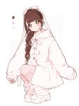  1girl absurdres blunt_bangs brown_eyes brown_hair chiba_yuna frilled_leg_warmers full_body hair_ribbon head_tilt highres hood hood_down hooded_jacket jacket kyururin_tte_shitemite leg_warmers long_hair looking_at_viewer nekosuitai_yo platform_shoes ponytail real_life ribbon shoes sidelocks simple_background solo squatting thighhighs white_background white_jacket white_thighhighs 