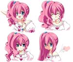  1girl alternate_hairstyle angry blue_eyes blush bracelet byruu character_sheet dress dual_persona expressions eyes_closed frilled_dress frills hair_ornament jewelry long_hair my_little_pony my_little_pony_friendship_is_magic open_mouth personification pink_hair pinkie_pie ponytail pout ring sakurano_tsuyu side_ponytail solo tongue white_background 