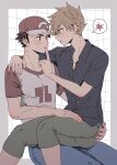  2boys :t arm_around_shoulder baseball_cap black_shirt blue_oak blue_pants blush border brown_eyes brown_hair buttons capri_pants closed_mouth collared_shirt commentary_request crew_neck denim eye_contact feet_out_of_frame finger_to_mouth grey_border grey_pants grid_background hand_on_another's_ass hand_on_another's_thigh hat heart highres index_finger_raised jeans looking_at_another male_focus multiple_boys open_collar pants parted_bangs pk_rgr96 pokemon pokemon_sm print_shirt red_(pokemon) red_hat shirt short_hair short_sleeves sideburns sitting sitting_on_lap sitting_on_person speech_bubble spiked_hair spoken_object t-shirt two-tone_shirt wing_collar yaoi 