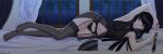  1girl absurdres armpits arms_up artist_name black_garter_belt black_hair black_nails black_nightgown black_panties black_thighhighs blue_sky blunt_bangs blunt_ends breasts cloud cloudy_sky commentary_request fingernails full_body garter_belt glass_(tate_no_yuusha_no_nariagari) hand_fan highres holding holding_fan holding_weapon indoors lace lace_garter_belt lace_panties large_breasts light_smile lingerie long_hair lying midriff mixed-language_commentary miyoshino90 navel night nightgown on_bed on_side panties pink_eyes red_lips see-through_clothes see-through_nightgown sideboob signature sky solo tate_no_yuusha_no_nariagari thighhighs toenails twitter_username underwear variant_set vassal_fan_(demon_dragon_fan)_(tate_no_yuusha_no_nariagari) vassal_fan_(tate_no_yuusha_no_nariagari) weapon window 
