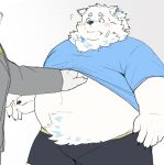  2026 anthro belly big_belly blush bottomwear canid canine canis clothed clothing domestic_dog duo fur kemono lifewonders live_a_hero male mammal nikukyu299paw overweight overweight_male raised_clothing raised_shirt raised_topwear shirt shorts simple_background solo_focus standing topwear white_body white_fur yohack 