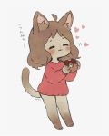  1girl =_= ahoge animal_ears ayu_(mog) barefoot black_border blush border brown_hair cat_ears cat_tail chibi doughnut eating eyes_closed food full_body grey_background heart motion_lines naked_sweater original parted_lips red_sweater simple_background smile solo sweater tail 