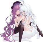  +_+ 2girls absurdres animal_ears ass azur_lane black_bonnet black_leotard black_pantyhose bonnet braid chain chain_leash fake_animal_ears frilled_bonnet frills hand_around_neck highres holding holding_chain le_malin_(azur_lane) le_malin_(listless_lapin)_(azur_lane) leash leotard looking_at_viewer low_twin_braids multiple_girls official_alternate_costume pantyhose purple_hair rabbit_ears rabbit_tail sitting strapless strapless_leotard tail tashkent_(azur_lane) tashkent_(the_sprite's_snapshot)_(azur_lane) twin_braids wariza white_background white_leotard white_pantyhose xiyu_(52710106) 