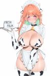 1girl absurdres animal_print apron bikini breasts cow_print cow_print_bikini cow_print_gloves cow_print_thighhighs elbow_gloves gloves highres holding holding_tray hololive hololive_english huge_breasts maid maid_apron maid_bikini maid_headdress orange_hair pink_eyes prab print_bikini print_gloves print_thighhighs simple_background swimsuit takanashi_kiara thighhighs tray unconventional_maid virtual_youtuber white_background 