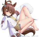  1girl agnes_tachyon_(umamusume) ahoge animal_ears bare_legs barefoot blush brown_eyes brown_hair closed_mouth commentary eyelashes feet full_body hair_between_eyes highres horse_ears horse_girl horse_tail knee_up lab_coat legs long_sleeves looking_at_viewer maozi_dan medium_hair simple_background sleeves_past_fingers sleeves_past_wrists smile solo tail toenails toes twitter_username umamusume white_background 