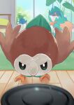 angry bed bird closed_eyes closed_mouth commentary_request day decidueye floor highres indoors kanataeni leaf no_humans oddish open_mouth owl pillow pokemon pokemon_(creature) pokemon_frlg robotic_vacuum_cleaner rowlet rug sitting smile standing window wings 