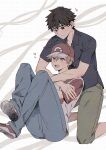  2boys arms_around_neck baseball_cap black_shirt blue_oak blue_oak_(cosplay) blue_pants brown_eyes capri_pants collared_shirt commentary_request cosplay costume_switch crew_neck denim hat heart highres jeans kneeling male_focus multiple_boys open_collar open_mouth pants pk_rgr96 pokemon pokemon_sm red_(pokemon) red_(pokemon)_(cosplay) red_hat shirt shoes short_hair short_sleeves sitting smile t-shirt teeth upper_teeth_only wing_collar yaoi 