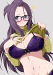  1girl absurdres arms_up bangs_pinned_back black-framed_eyewear blue_eyes blush bow bow_bra bra breasts cleavage clothes_lift eggman_(ni_tamagoex) forehead glasses green_sweater grey_background highres kagamihara_sakura lace_trim large_breasts lifting_own_clothes long_hair long_sleeves looking_at_viewer navel panties parted_lips purple_bra purple_eyes purple_hair purple_panties ribbed_sweater simple_background solo stomach sweat sweater sweater_lift underwear upper_body yurucamp 