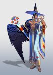  1girl animal blue_dress blue_eyes blue_hair blue_wings breasts commentary dark-skinned_female dark_skin dress edarow egyptian_mythology feathered_wings full_body gradient_background grey_background hat isis_(mythology) long_hair looking_to_the_side medium_breasts simple_background single_wing snake solo standing winged_arms wings 
