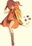  1girl absurdres alternate_costume arm_tattoo bigreen black_gloves black_hat boots bow brown_boots commentary full_body gloves hair_bow hat hat_bow highres holding holding_wand kirisame_marisa leg_up long_hair one_eye_closed open_mouth orange_bow orange_sweater shorts sleeveless sleeveless_sweater smile solo standing standing_on_one_leg star_(symbol) star_tattoo sweater tattoo thighs touhou very_long_hair wand witch_hat 
