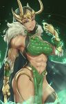  1girl abs absurdres alternate_form armor black_cape black_hair breasts cape commentary english_commentary fake_horns fluffydus fur_trim gauntlets green_eyes highres horned_headwear horned_tiara horns lady_loki loki_(marvel) marvel marvel_rivals medium_breasts muscular muscular_female official_alternate_design parted_lips pelvic_curtain scale_armor solo standing thighhighs thor_(marvel)_(series) tiara valknut_(symbol) 