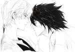  2boys adam's_apple bags_under_eyes blank_speech_bubble closed_mouth commentary_request death_note eye_contact face-to-face fieroo from_side greyscale highres l_(death_note) lips looking_at_another male_focus monochrome multiple_boys nose shirt short_hair simple_background speech_bubble thought_bubble white_background yagami_light 
