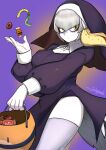  1girl bird_girl bird_tail blonde_hair commentary_request food grey_hair halloween halloween_bucket halloween_costume highres john_(a2556349) kemono_friends long_hair looking_at_viewer lucky_beast_(kemono_friends) multicolored_hair nun purple_background shoebill_(kemono_friends) simple_background solo sweets tail thighhighs two-tone_hair yellow_eyes 