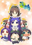  akane_yuki akizuki_ritsuko arms_up chibi chibiki chihyaa clone closed_eyes glasses haruka-san headphones highres holding idolmaster idolmaster_(classic) kemonomimi_mode logo looking_at_viewer makochii miura-san open_mouth puchimasu! sitting sitting_on_lap sitting_on_person smile star 