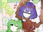  2girls ? breasts commentary_request frog_hair_ornament green_eyes green_hair hair_ornament headpat highres kochiya_sanae kuromaru_ira layered_sleeves long_hair long_sleeves medium_breasts mirror multiple_girls musical_note one_eye_closed open_mouth purple_hair red_shirt rope shide shimenawa shirt short_over_long_sleeves short_sleeves spoken_question_mark teeth touhou translation_request upper_teeth_only yasaka_kanako 