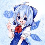  1girl ahoge blue_dress blue_eyes blue_hair circled_9 cirno collared_shirt commentary_request dress hair_between_eyes ice ice_wings izumi_yuuji_(trace_kouhosei) light_blush looking_at_viewer neck_ribbon open_mouth red_ribbon ribbon shirt short_hair smile solo teeth touhou upper_body upper_teeth_only white_shirt wings 