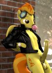 3d_(artwork) abs alternative_fashion animal_genitalia animal_penis anthro aviator_goggles balls bottomless brick_wall bubble_gum building car casual_erection casual_nudity clock clothed clothing collar crossgender digital_media_(artwork) ear_piercing equid equine equine_genitalia equine_penis erection friendship_is_magic ftm_crossgender genitals greaser hand_in_pocket hasbro hi_res jacket leaning_on_wall leather leather_clothing leather_jacket leather_topwear male mammal my_little_pony mythological_creature mythological_equine mythology navel open_clothing open_topwear pegasus penis piercing plant pockets rainium solo source_filmmaker_(artwork) spitfire_(mlp) topwear tree vehicle wall_(structure) watch wings wonderbolts_(mlp)