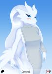  anthro anthrofied blush blush_lines breasts brooklyn_sweater clothed clothing commandg female fur generation_5_pokemon hair legendary_pokemon looking_at_viewer medium_breasts nintendo pokemon pokemon_(species) reshiram simple_background solo white_body white_fur white_hair 