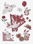  :o @_@ alcremie alcremie_(strawberry_sweet) balloon bow closed_mouth cookie dot_nose envelope flower food hat hat_bow hat_ribbon heart heart-shaped_cookie heart-shaped_food heart_seal highres holding holding_balloon latias no_humans own_hands_together parted_lips plus_sign plusle pokemon pokemon_(creature) pokemon_focus red_bow red_flower red_ribbon red_theme ribbon smile smprfms spinda thumbprint_cookie togekiss yellow_eyes 