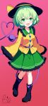  1girl absurdres black_boots black_hat boots breasts buttons collared_shirt commentary_request diamond_button eyeball frilled_shirt_collar frilled_skirt frilled_sleeves frills green_eyes green_hair green_skirt hat hat_ribbon heart heart_of_string highres komeiji_koishi long_sleeves looking_at_viewer open_mouth pink_background pioartstuff ribbon shirt signature skirt sleeves_past_fingers sleeves_past_wrists small_breasts smile solo third_eye touhou wide_sleeves yellow_ribbon yellow_shirt 