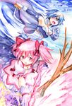  armband armpits blue_eyes blue_hair bow bow_(weapon) cape fighting_stance gloves hair_bow hair_over_one_eye kaname_madoka kurose_kousuke magical_girl mahou_shoujo_madoka_magica miki_sayaka multiple_girls open_mouth pink_eyes pink_hair short_hair short_twintails soul_gem sword traditional_media twintails watercolor_pencil_(medium) weapon 