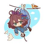  1girl :d ahoge blue_background blue_bow blue_dress blue_eyes boots bow brown_boots brown_hair chibi clothes_pin cloud dress flutterpage full_body hair_bow hanging hanging_from_clothesline holding holding_rope multiple_hair_bows origami paper_crane pepe_(sapphilia_lilac) purple_bow reverse:1999 rope short_hair simple_bird smile solo two-tone_background white_background 