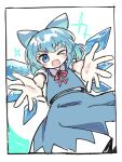  >_o 1girl ;d blue_bow blue_eyes blue_hair blue_skirt blue_vest blush border bow cirno collared_shirt commentary_request cowboy_shot dot_nose hair_bow ice ice_wings kibisake looking_at_viewer neck_ribbon one_eye_closed open_mouth outstretched_arms red_ribbon ribbon shirt short_hair short_sleeves simple_background skirt skirt_set smile solo sparkle touhou vest white_background white_border white_shirt wings 